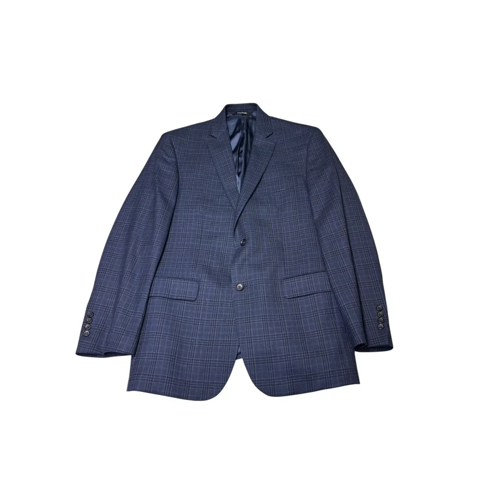 Jos A Bank Signature‎ Mens 41 Long Navy Blue Plaid 100% Wool Tailored Fit Blazer